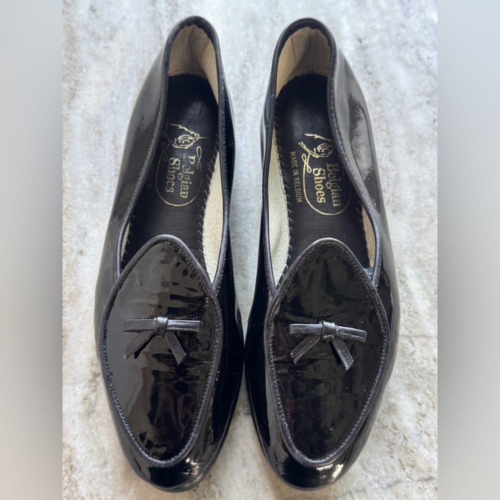 Belgian Shoes Midinette Slipper Patent Leather Black Loafer 4.5 Flat $750 Shiny